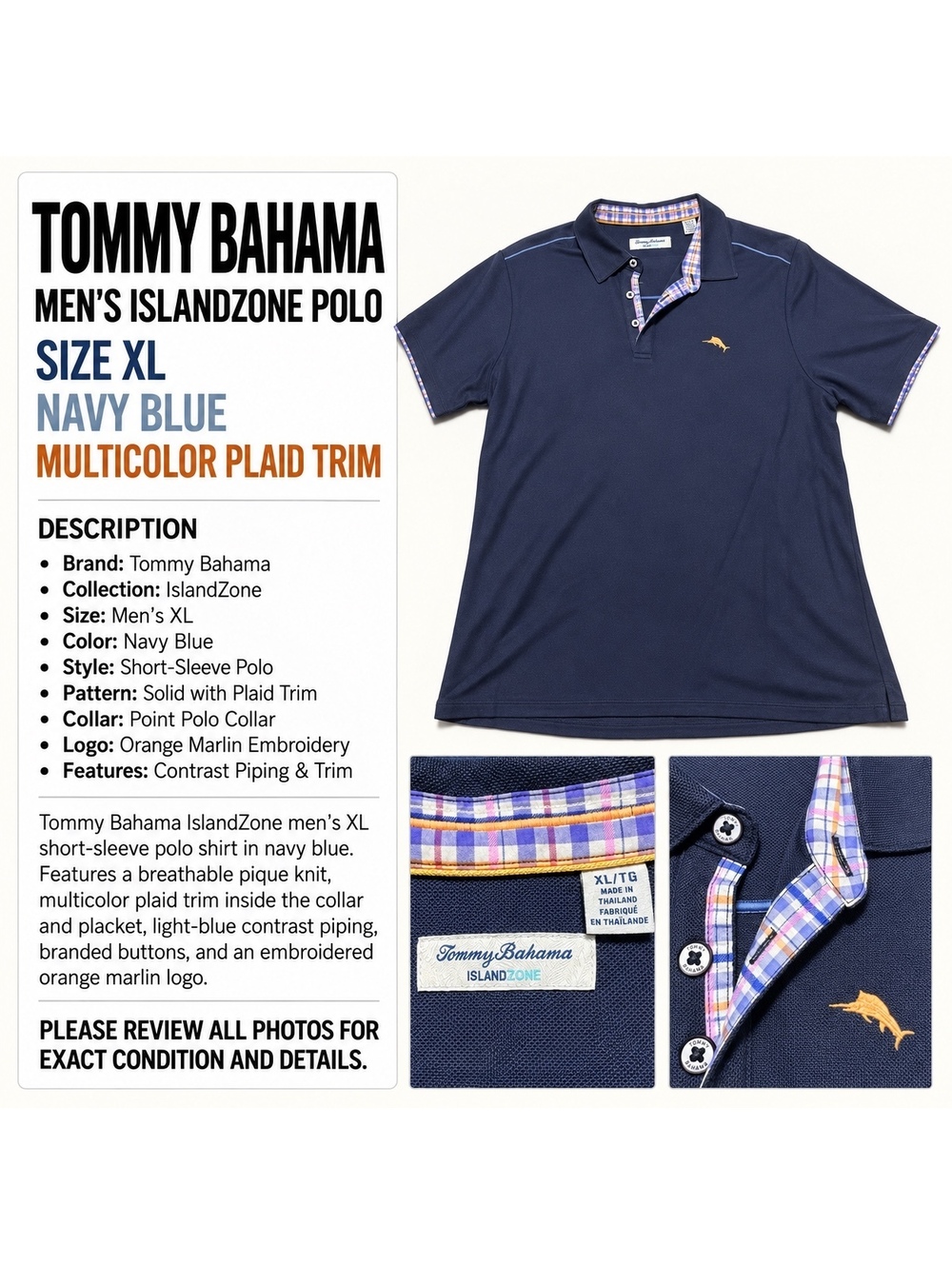 Tommy Bahama IslandZone Men’s XL Navy Blue Polo Shirt Plaid Trim Marlin Logo